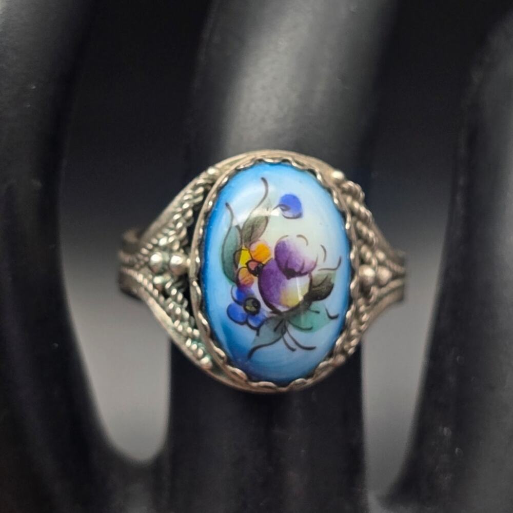Vintage Hand Painted Floral Ring Size 6.5 Blue Russian
